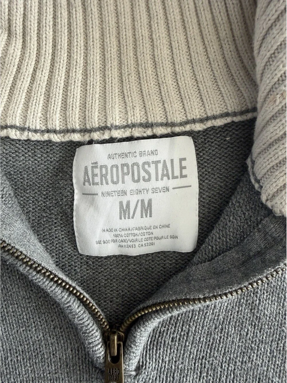 Aéropostale Men’s Gray 1/4 Zip Sweater Medium Ribbed Mock Neck Pullover Preppy ￼